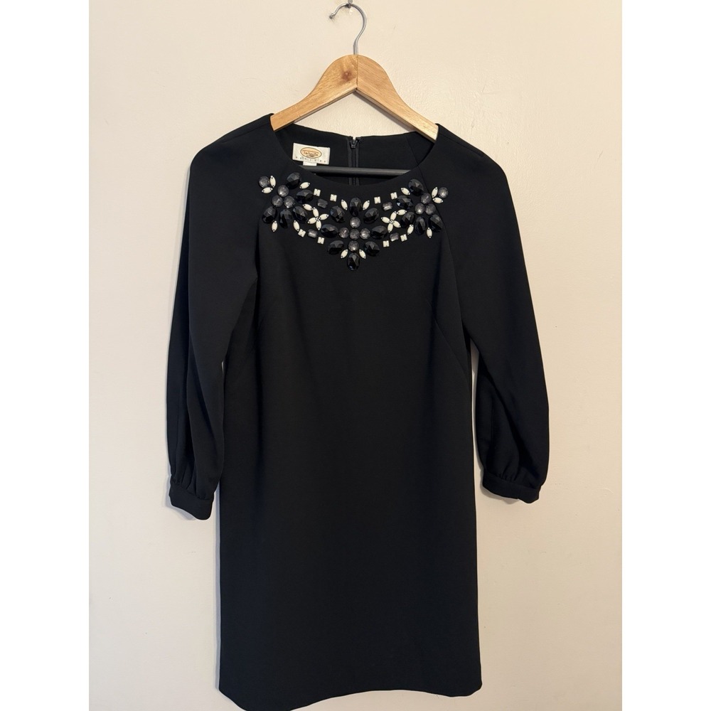 Talbots Vintage Women's Black Beaded Neckline Long Sleeve Shift Dress Size 2P